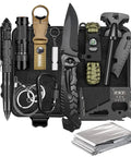 Must Have Survival Kit 14 In 1 For Camping Fishing And Hunting Adventures Compact Multi Tool Gear Set displayed on black case