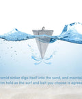 Pyramid Sinkers For Surf Fishing And Saltwater Tackle, Durable Weights For Sand, Currents, And Pier Fishing, 1oz Through 16oz showing underwater action.