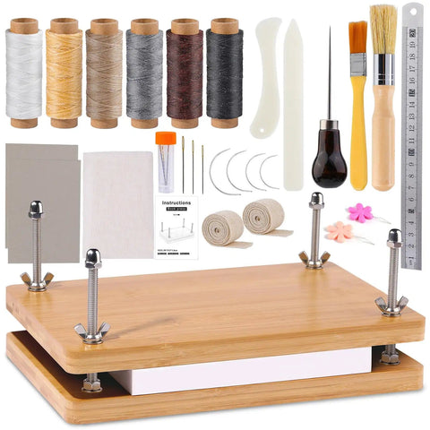 All In One Book Binding Kit With Press And Wooden Binding Press Includes Book Cloth Book Cover Boards Bone Folders Awl Wax Thread Bind Straps And Ribbons For DIY Journal And Album Making Great For Beginners And Crafters