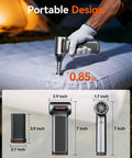 Person using Cordless Air Duster With Removable Battery And Four Nozzles For Deep Cleaning On Computers Cars Windows Home And Outdoor Use Three Speed Adjustable Mini Blower Go To Keyboard Cleaning And Dust Removal on an inflatable bed.