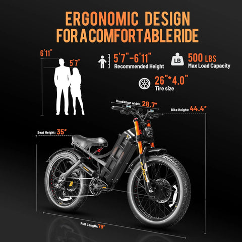 2025 Upgraded Dual Motor Electric Bike Serving Hella Fast Forty Six MPH Rides with ergonomic design dimensions and features.