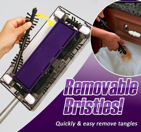 Lightweight Cordless Electric Sweeper With Quad Brush Design For No Sweat Floor Cleaning Picks Up Pet Hair And Nitty Gritty Dust From Tile Wood Carpet Featuring Effortless Gliding Action In Purple showing removable bristles for easy cleaning.