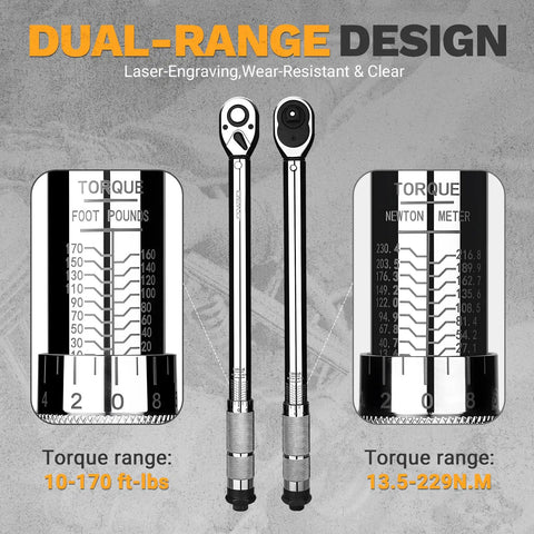 One-Half Inch Drive Torque Wrench Dual-Direction 72-Tooth With 10-170 Ft-Lb Range And 13.5-229 Nm High Precision Accuracy Features