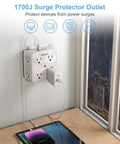 Heavy Duty 8 Outlet Surge Protector Power Strip With Hella Reliable Build And Fast Charge Usb C on wall with USB-C charging.