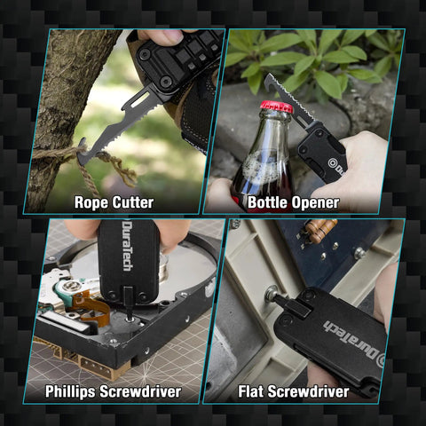 Go-To 16 In 1 Multitool Knife For Outdoors And EDC showing rope cutter, bottle opener, Phillips and flat screwdrivers in use