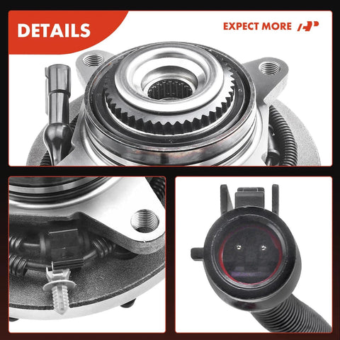 Close-up of two front wheel bearing and hub assembly with ABS for Ford F 150 F150 2009 2010 4WD only 6 lug, detailed view.