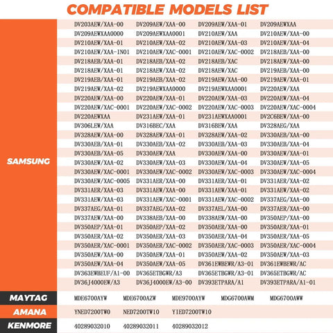 Image showing a compatibility list for Samsung, Maytag, Amana, and Kenmore dryers for DC47-00019A heating element.