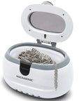 Top Rated Ultrasonic Jewelry Cleaner Delivers A Slick Shine To Eyeglasses Watches Rings Coins Razors And Gadgets Using Just Tap Water For Quick Deep Cleaning That Really Slaps And Leaves Everything Crisp. White ultrasonic cleaner with silver jewelry inside.