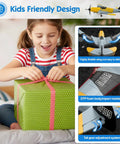 Smiling child with 3 Channel RC Plane With 6 Axis Gyro Stabilizer Dual Motors Ready To Fly BF109 Style RC Airplane boxed gift