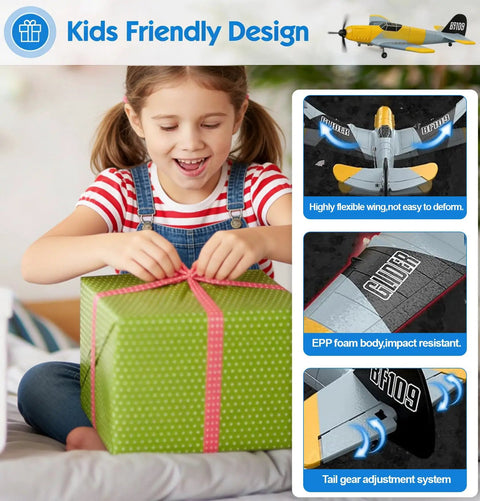 Smiling child with 3 Channel RC Plane With 6 Axis Gyro Stabilizer Dual Motors Ready To Fly BF109 Style RC Airplane boxed gift