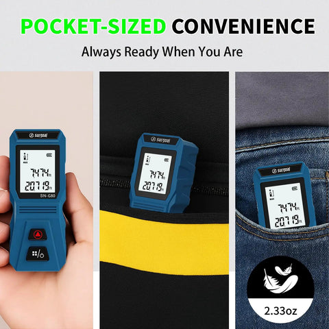 Green Laser Distance Meter 262Ft Portable USB C Rechargeable Digital Measuring Tool pocket sized in hand, pouch, and pocket.