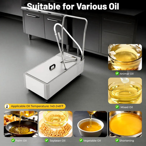 Hustle Ready Stainless Steel Commercial Restaurant Deep Fryer Oil Filter Cart with hose, suitable for various oils like vegetable and soybean.
