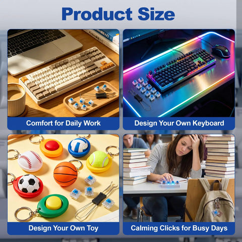80 Count Blue Mechanical Keyboard Switches With 3 Pin Pre Lubricated Design For Smooth Quiet Gaming And Typing In A Dope DIY Build Pack That Delivers Consistent Keystrokes And Easy Installation. Product size collage with keyboard, toy, and desk use