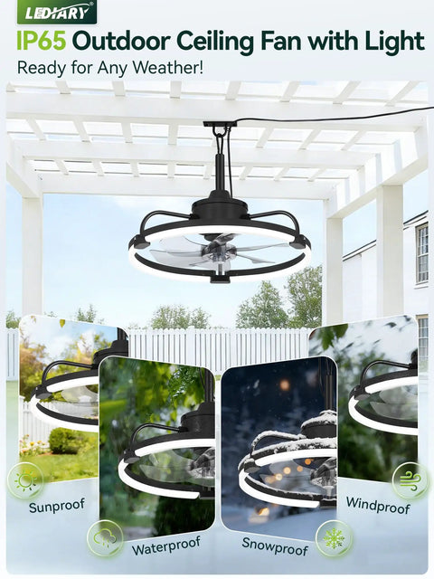 20 Inch Outdoor Ceiling Fan With Lights For Patio And Gazebo IP65 Waterproof Caged Design showcased under pergola