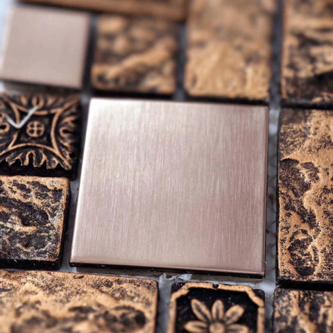 Bronze Brushed Metal Mosaic Tile Set With Resin Texture, Dope Copper Tones, 12x12 Mesh Backing close-up view of square and engraved tiles