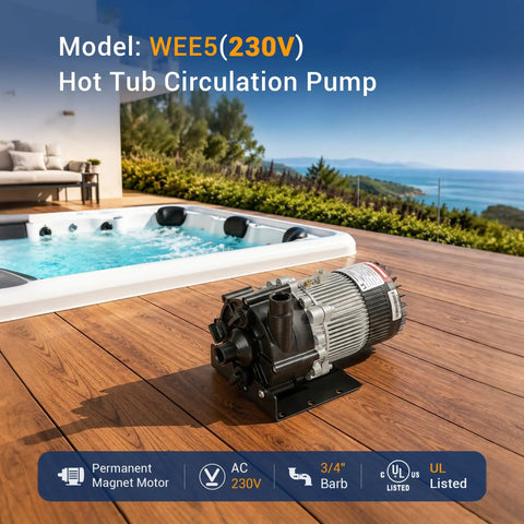 Slick Replacement Hot Tub Circulation Pump Delivers Smooth 5.8 Gpm Water Flow With An Efficient 1/25 Hp Motor And Standard 3/4 Inch Barb Fittings For No Sweat Spa Maintenance, placed next to a hot tub.