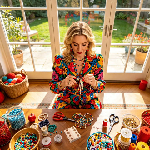 Woman crafting jewelry with beads at a sunlit table, surrounded by crafting materials and tools.