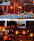 Front view of 4 Pack Solar Tiki Torch Lights With Flickering Flame IP65 Waterproof Outdoor Solar Powered Pathway Garden Yard Patio Porch Decor For Halloween And Year Round Vibe, illuminating a decorated holiday porch with pumpkins.