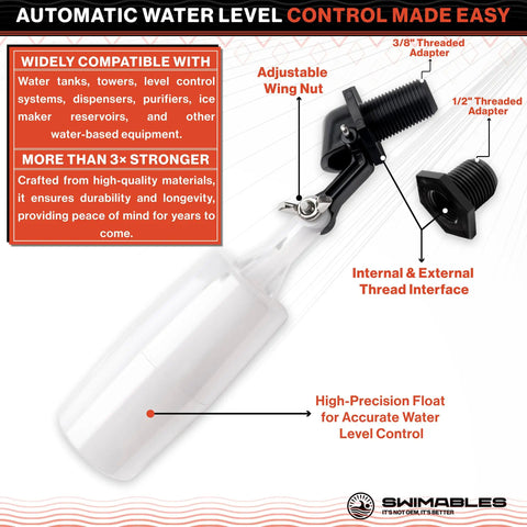 Auto Fill Float Valve Replacement Kit Three Eighths Inch To One Half Inch Adapter For Pool Water Levelers And Tank Fill Systems A 2 In 1 Solution For Pools Ponds And Water Tanks Compatible With Most Float Valves In Water Tanks And Pools Durable, black float valve with 3/8 and 1/2 threaded adapters
