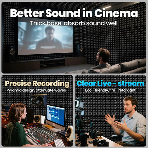 Premium Black And White Pyramid Acoustic Panels 50 Pack With Heavy Duty Double Sided Tape For Quick No Drill Wall Mounting used in a cinema setup.