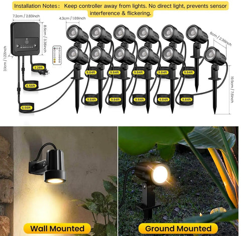 Outdoor LED Landscape Lighting Kit 12 Pack With Remote Control Dimmable IP66 Waterproof Spot Lights 2700K To 6500K display and mounting options