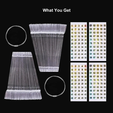 Clear Nail Swatch Sticks Kit With Split Ring And 100 Transparent Sticks, Includes Holographic Number Stickers 1-100 displayed.