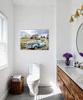 Blue Pickup Truck Wall Art For Farmhouse Decor 16x24 Rustic Canvas Print With White Daisies Barn Scene Countryside in bathroom.