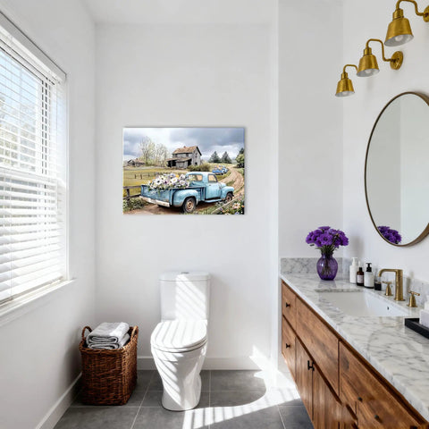 Blue Pickup Truck Wall Art For Farmhouse Decor 16x24 Rustic Canvas Print With White Daisies Barn Scene Countryside in bathroom.