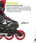 Close-up of Microblade Kids Adjustable Fitness Inline Skates Four Size System, sleek black and red shell with 72mm wheels.