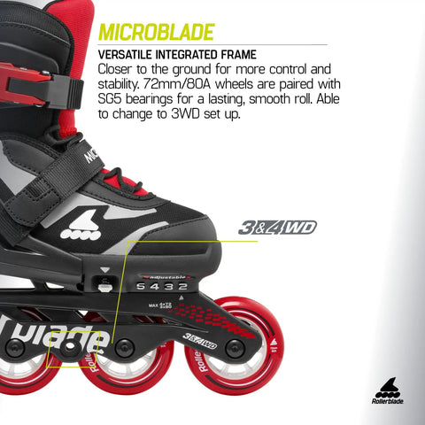Close-up of Microblade Kids Adjustable Fitness Inline Skates Four Size System, sleek black and red shell with 72mm wheels.