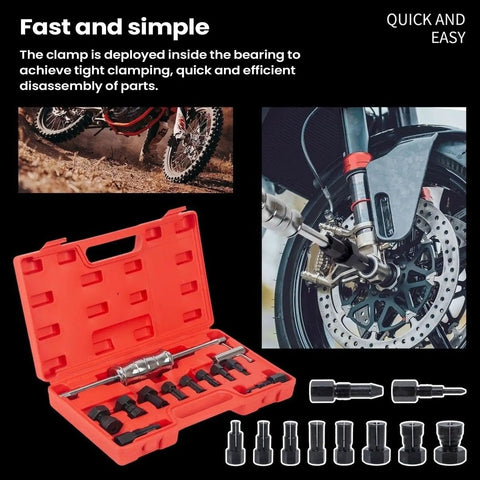 Very Heavy Duty Inner Bearing Puller Extractor Tool Made From Solid 40CR Steel Designed To Pop Rusted Seized Blind Hole Bearings From Car And Bike Engines With Strong Grip That Handles Heavy Hammering For A Quick Garage Fix Or For Real, red case with collets