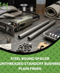 One Half Inch Outer Diameter Steel Tube Spacer Eight Inch Long Two Pack Seamless Round Tubes For DIY Projects Cutting Welding And Repairs Fits Three Eighths Inch Screws And Bolts on a workbench with tools