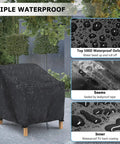 2 Pack Waterproof Patio Chair Covers For Outdoor Furniture Heavy Duty 600D All Weather Protection Built Tough 32W X 37D X 36H Fit Lounge Lawn Deep Seat Chairs Black, showing rain protection features with detailed fabric close-ups.