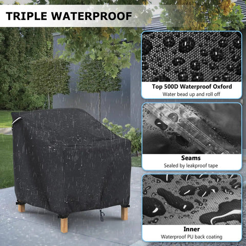 2 Pack Waterproof Patio Chair Covers For Outdoor Furniture Heavy Duty 600D All Weather Protection Built Tough 32W X 37D X 36H Fit Lounge Lawn Deep Seat Chairs Black, showing rain protection features with detailed fabric close-ups.