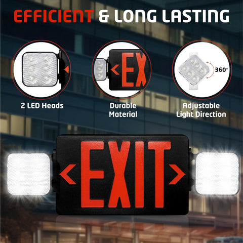 Ultra Bright LED Exit Sign With 90 Minute Battery Backup And Emergency Lights highlighting LED heads and adjustability.