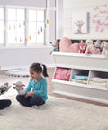 Three Bin Stackable Toy Storage Cubby Organizer For Kids Playroom And Bedroom Expandable Modular Toy Storage System For Toys And Crafts In White Gray Woodgrain in use with toys and decor