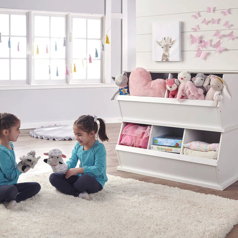 Three Bin Stackable Toy Storage Cubby Organizer For Kids Playroom And Bedroom Expandable Modular Toy Storage System For Toys And Crafts In White Gray Woodgrain in use with toys and decor