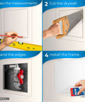 Heavy Duty Drywall Access Panel 12 By 12 Inch - Slick White Wall Hole Cover installation steps, including measuring, cutting, sanding, and framing.