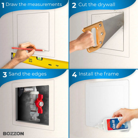 Heavy Duty Drywall Access Panel 12 By 12 Inch - Slick White Wall Hole Cover installation steps, including measuring, cutting, sanding, and framing.