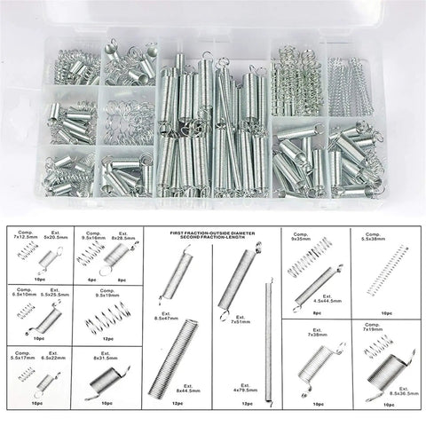 Must-Have Compression Spring Wire Kit With Zinc Plated Steel Extension Springs, 200-Piece Set in clear compartment box