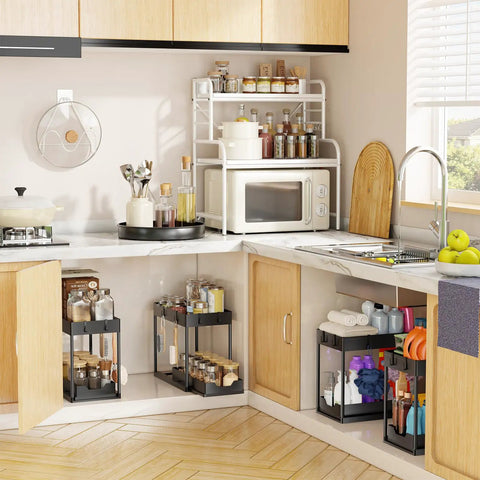 Smooth Pullout Under Sink Organizer Two Pack Heavy Duty Metal Rack For Kitchen And Bathroom Big Stack Zero Clutter Solid Setup Storage Game Changer In Black in a kitchen with full storage.