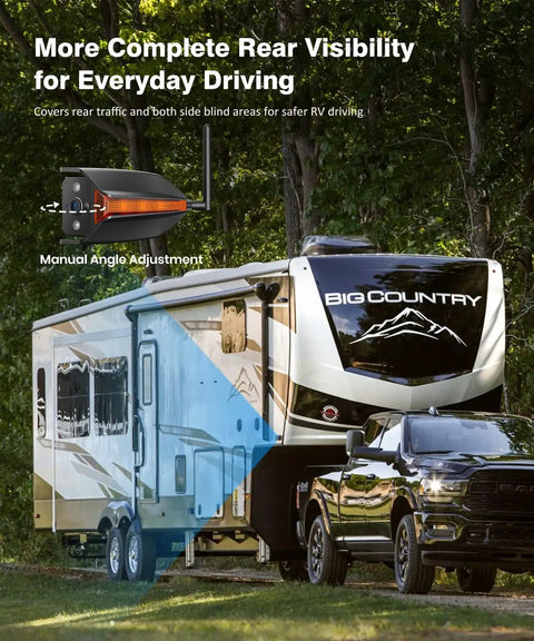 Wireless RV Backup Camera System With 7.2 Inch HD Monitor Triple Split View IR Night Vision DVR Recording For RV Travel Trailer Motorhome Camper Rear And Side Coverage installed on a motorhome with truck