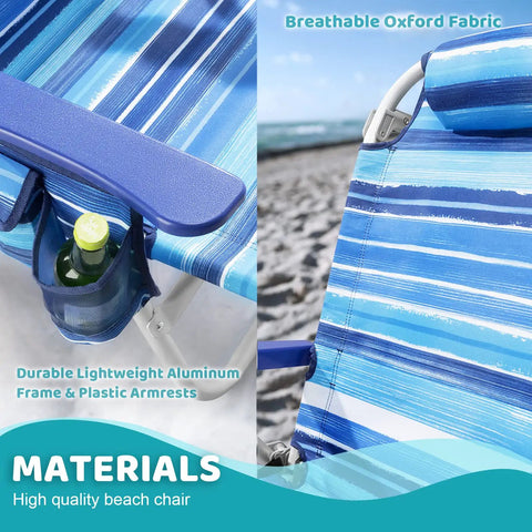 Close-up of blue Backpack Beach Chairs For Adults Half Pack Foldable Heavy Duty Camping Chair with cup holder on sandy beach.