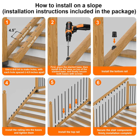 How to install 30 Pack 32 Inch Black Aluminum Deck Balusters Heavy Duty Railing Spindles For Porch on sloped stairs.
