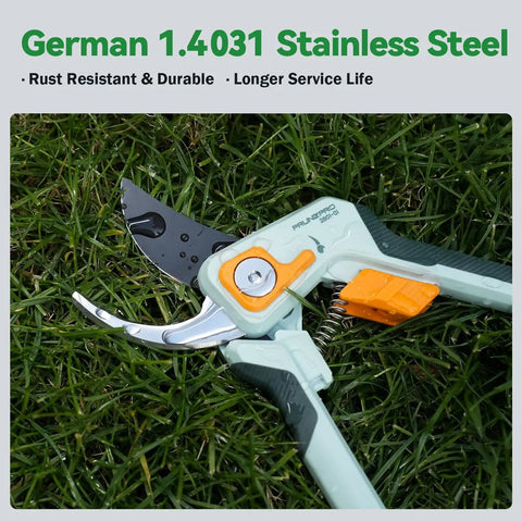 Pro Grade Bypass Pruning Shears For Gardening, 1 Inch Cut Capacity, Sharp Stainless Steel Blade shown on grass