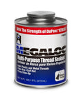 Megaloc Multi-Purpose Thread Sealant for Pipes and Fittings, blue liquid paste, 16 oz can, Kevlar reinforced, product front view.