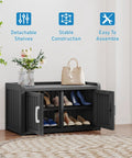 Two Tier Storage Bench Cabinet For Shoes Waterproof UV Resistant Outdoor Shoe Organizer With Two Doors And Adjustable Shelves Perfect For Indoor Outdoor Entryway Hallway And Living Room Black shown in a room with shoes inside