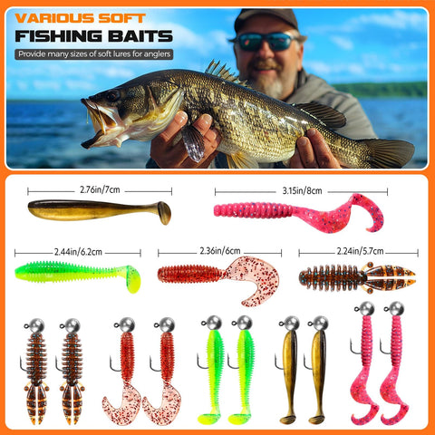 108 Piece Tackle Box Fishing Lures Set With Paddle Tail Swimbaits Soft Worms Floating Shrimp Lures And Round Jig Heads For Freshwater Crappie Bass Trout All In One Tackle Kit For Men showcasing assorted colorful lures
