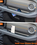 Before and after of Passenger Side Grab Tray Storage Organizer for Jeep Wrangler JL JLU 2024 2025 and Gladiator JT showing phone storage.