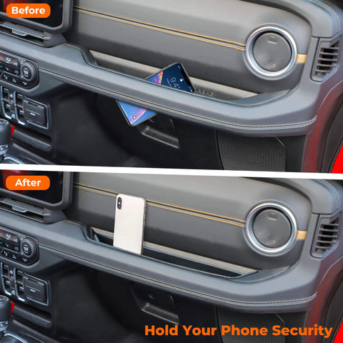 Before and after of Passenger Side Grab Tray Storage Organizer for Jeep Wrangler JL JLU 2024 2025 and Gladiator JT showing phone storage.